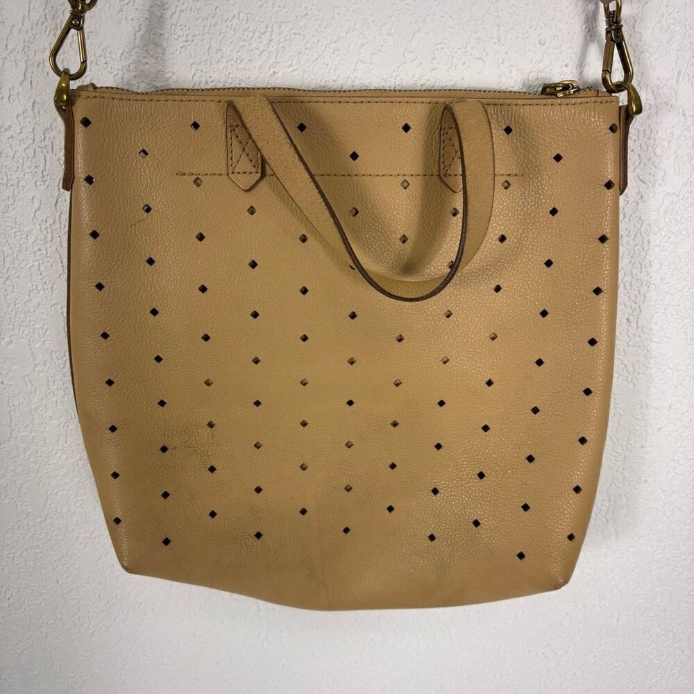 Madewell Beige Perforated Leather Transport Tote Bag Purse with Crossbody Strap - Picture 4 of 8
